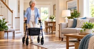 Senior-woman-using-a-rollator-walker-in-a-bright-mobility-friendly-home-designed-for-safer-independent-living