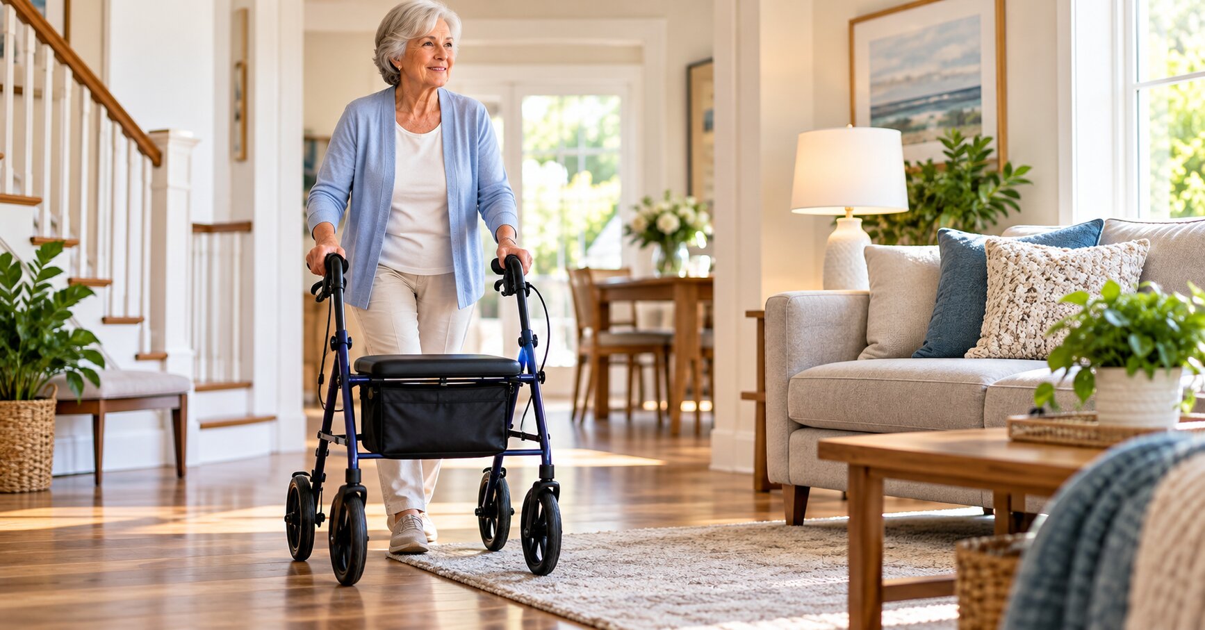 Senior-woman-using-a-rollator-walker-in-a-bright-mobility-friendly-home-designed-for-safer-independent-living